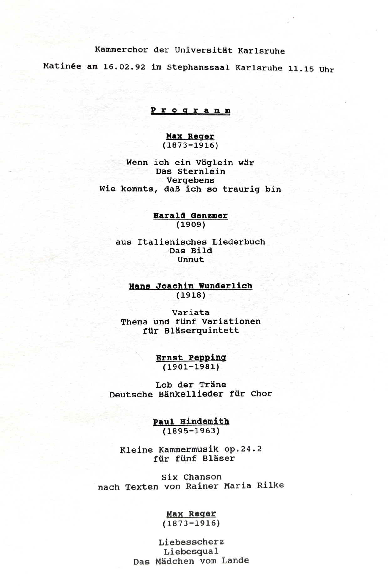 Programm Matinee Februar 1992