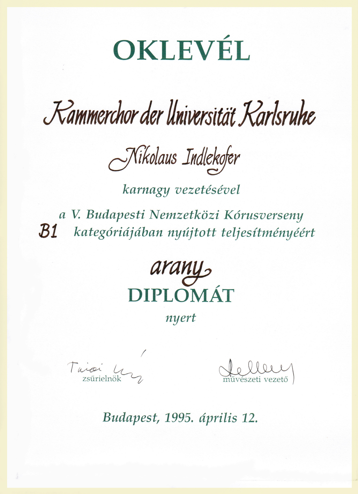 Diplom Internationaler Chorwettbewerb Budapest April 1995