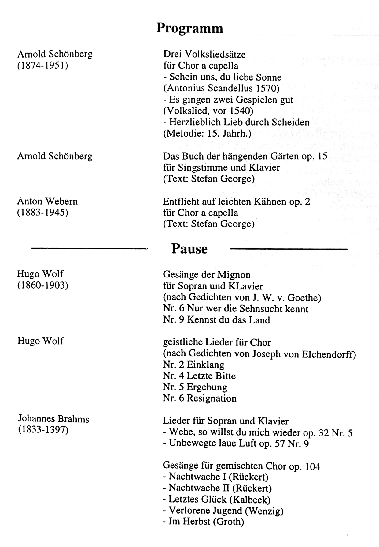 Programm Brahms-Schönberg-Wolf-Webern Juli 1996