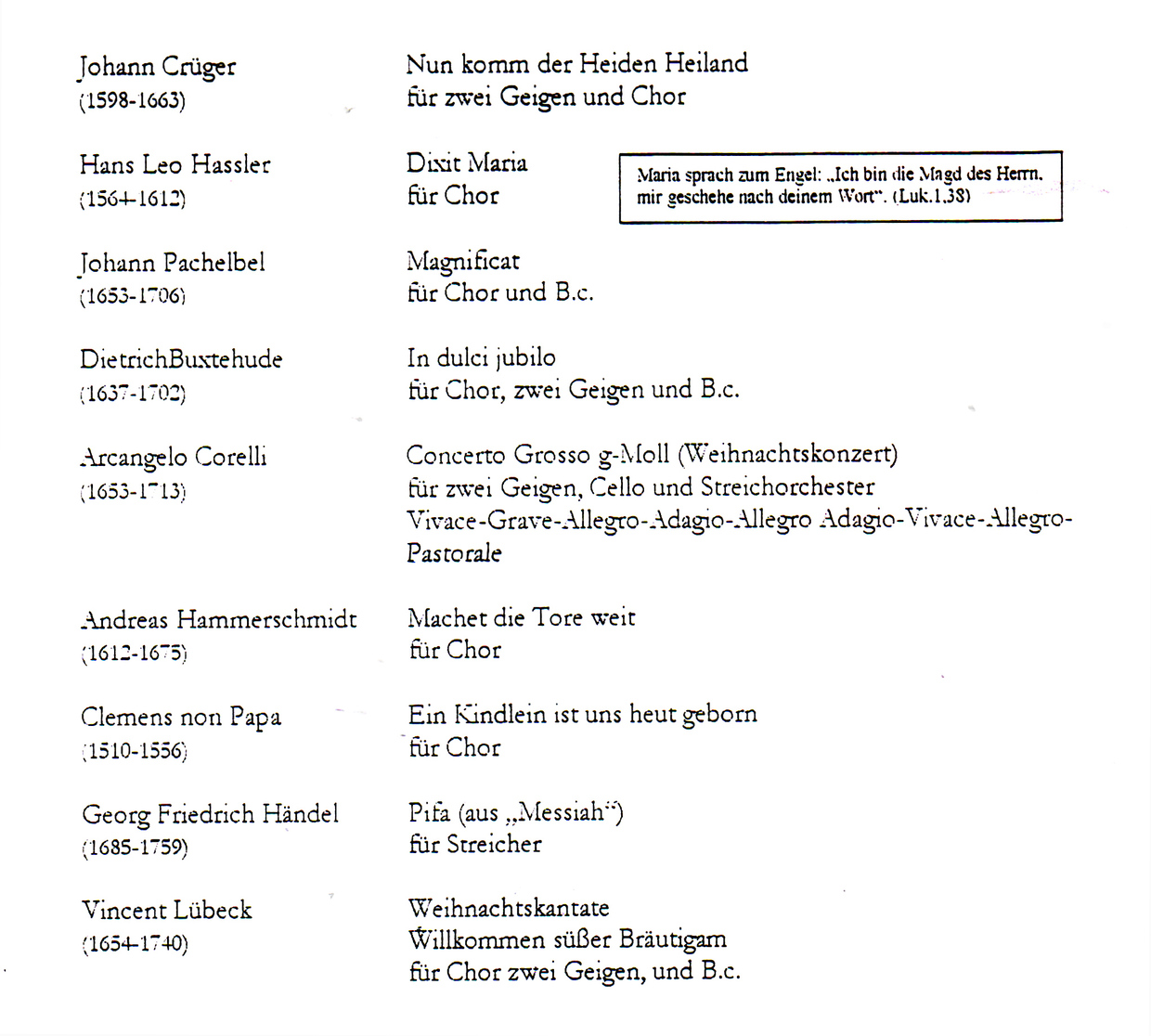 Programm Weihnachtskonzert Dezember 1998