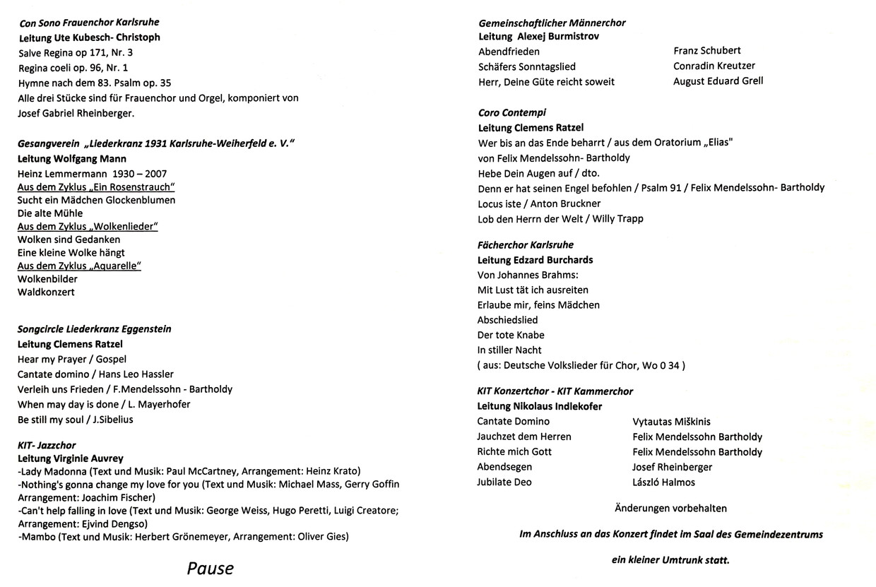 Programm Festliches Chorkonzert Beiertheim Oktober 2010